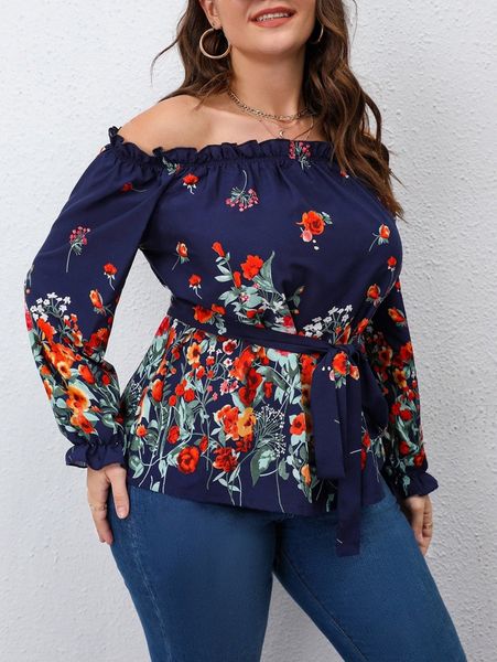 

plus floral print flounce sleeve off shoulder frilled belted blouse t65f#, Black