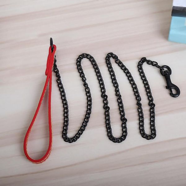 

dog collars & leashes stainless steel chain leash soft pu leather handle pet lead metal traction rope for small medium large dogs
