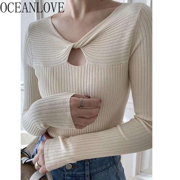 

women's sweaters oceanlove hollow out women autumn winter basic solid pullovers v neck slim 2021 mujer sueter korean 17722, White;black