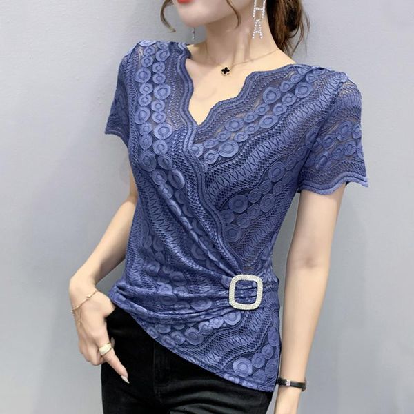 

women's blouses & shirts fashion women lace blouse shirt short-sleeved summer clothing v-neck hollow out blusa, White