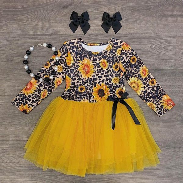 

girl's dresses children's long sleeve leopard sunflower print mesh skirt dress baby girls tulle princess clothes, Red;yellow