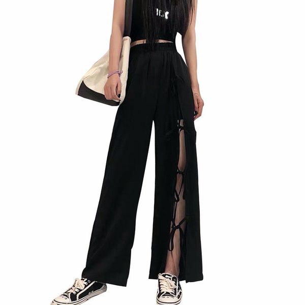 

women's pants & capris women bandage hole casual plus size female fashion high waist wide leg streetwear trousers ladies summer loose, Black;white