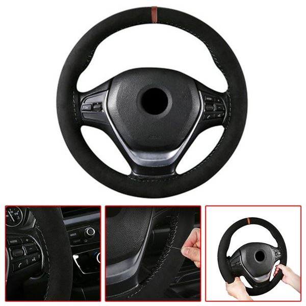 

steering wheel covers sport cover suede universal anti-slip black car diy soft