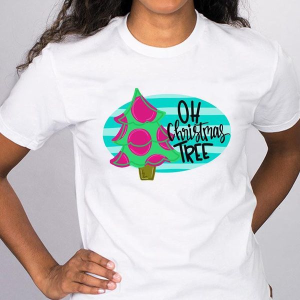 

women graphic cartoon winter tree holiday short sleeve merry christmas tees clothes print lady female t shirt t-shirt, White