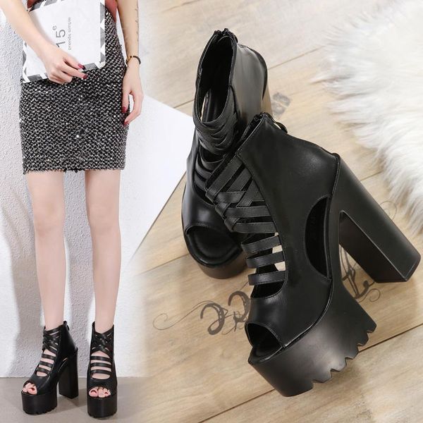 

dress shoes 14.5cm peep toe pumps coarse heel stripper models concise party fashion show nightclub mature platform elegant style, Black