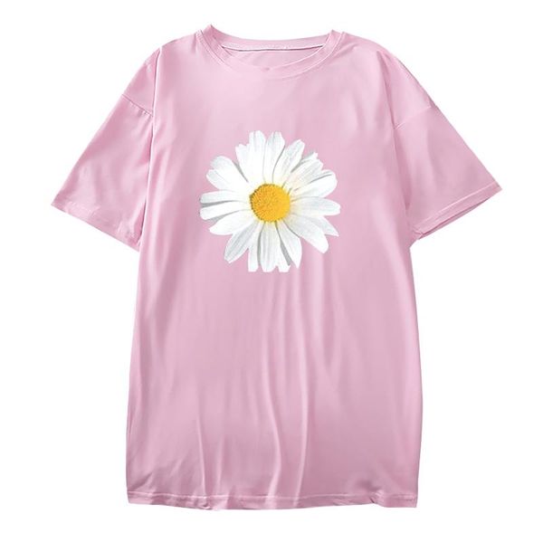

women's t-shirt floral print kawaii clothing tee shirt crew neck pink cute basic summer streetwear women drop cotton, White