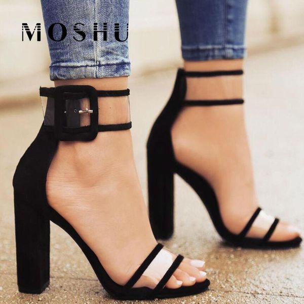 

women high heels shoes pumps flock buckle strap summer sandals ladies peep toe bling female zapatos mujer plus size 35-42, Black