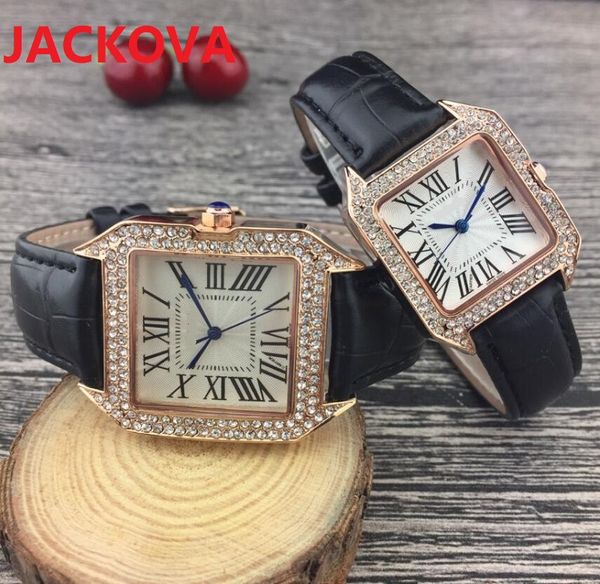 Nice Men Women Diamonds Ring Watch Square Roman Special Design Relojes De Marca Mujer Lady Dress Orologio da polso in pelle Orologio al quarzo Oro rosa
