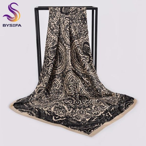 

scarves [bysifa] ladies silk hijab scarf brand black beige satin square wraps women accessories neck head 100*100cm, Blue;gray