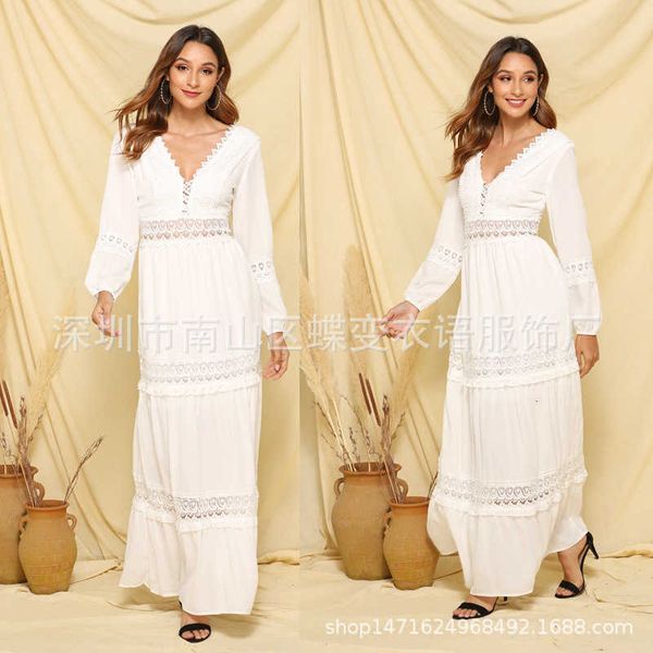 

autumn and winter 2021 long sleeve lace cut out chiffon holiday drs, Black;gray