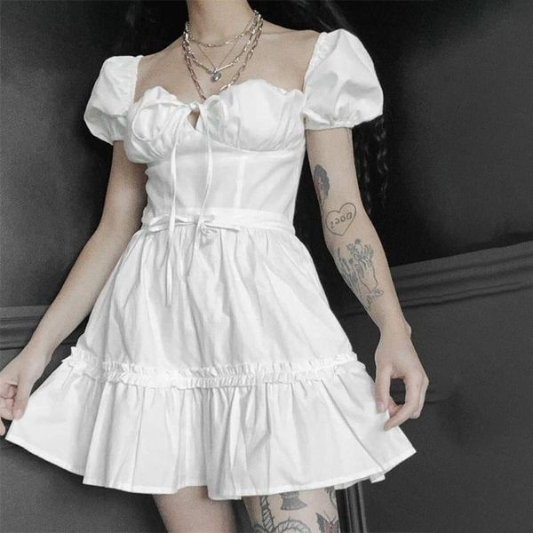 

casual dresses elegant puff sleeve white dress goth high waist bandage mini vintage backless corset women party, Black;gray