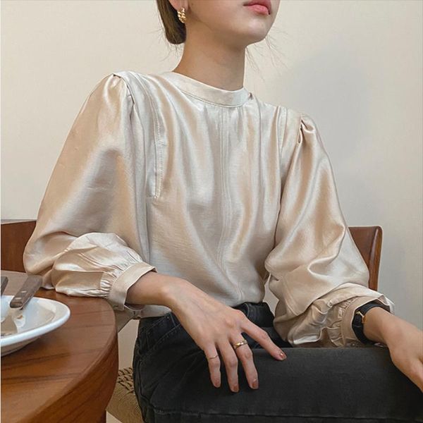 

women's blouses & shirts korean autumn elegant apricot stand collar shirt blouse womens loose folds gloss puff sleeve women, White