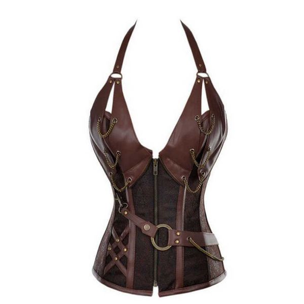 Adulto Medievale Vichingo Pirata Costume Donne Gotico Cavaliere Corsetto Halloween Cosplay Steampunk Leathter Halter Vest Metallo Corazza Y0827