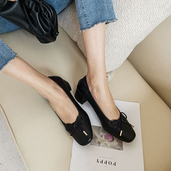 

womens genuine leather elastic slip-on med heel pumps round toe bow tie korean style sweet casual daily heels shoes for women, Black