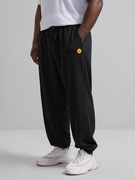 

extended sizes men cartoon face patch detail tapered sweatpants p36q#, Black