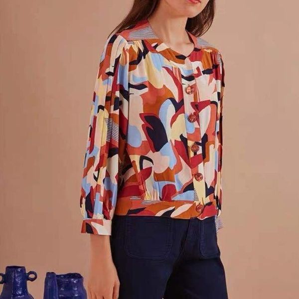 

women's blouses & shirts 2021 blouse long sleeve printing single breasted shirt, White