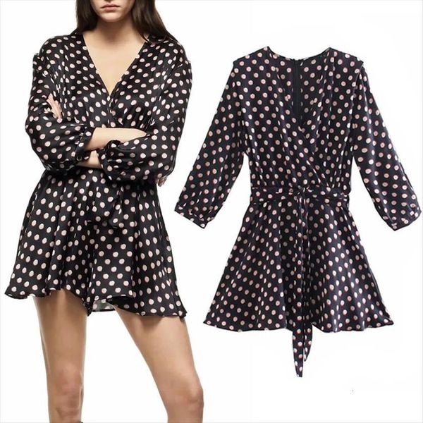 

za black dot polka women romper short spring warm long sleeve elegant jumpsuits belt v neck female, Black;white