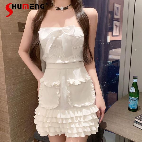 

skirts 2021 summer french white above knee pleated skirt mini for women fashion solid color wrap chest two-piece set, Black