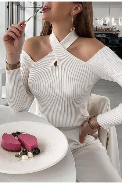 

women's sweaters y2k 2021 spring autumn hollow off-shoulder knitted solid ladies korean clothes sweater pullovers jumper, White;black