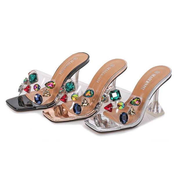 

summer fashion crystal diamond slides clear pvc transparent slippers women shoes peep toe thin hihg heels mules dress pumps 46, Black