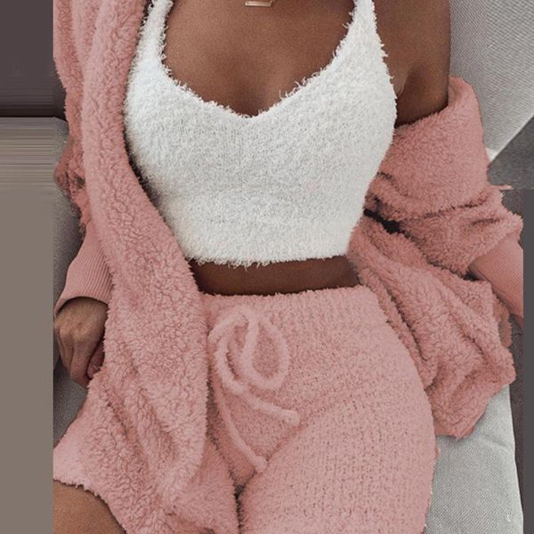

two piece dress women fleece plush casual 3 set long sleeve hooded cardigan coat autumn winter outwear shorts suit sleepwear night outfits, White