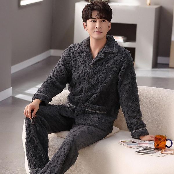 

men's sleepwear fashion plush pyjamas men autumn winter lapel warm cardigan long sleeve trousers leisure home suit, Black;brown