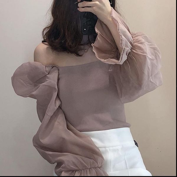 

women sweet fashion patchwork organza knitted blouses vintage see through sleeve stretch female shirts chic, White