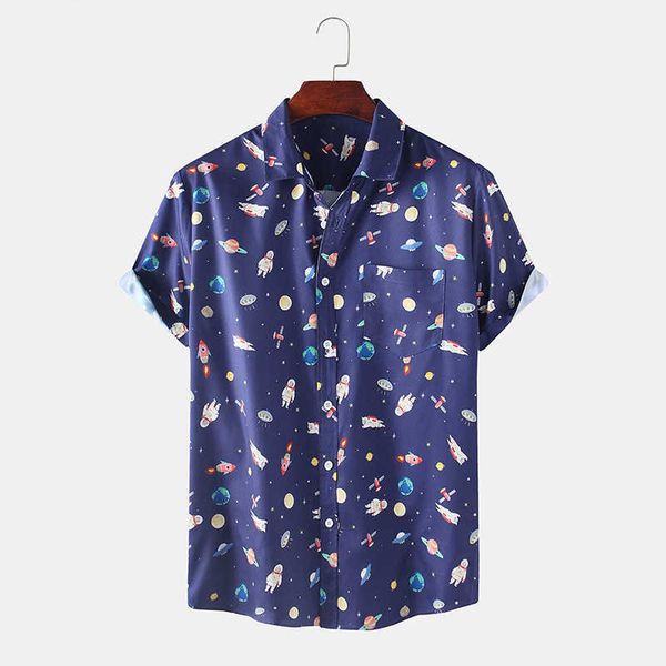 

[customized] fashion hawaiian shirt mens korean beach starry astronaut cartoon anime printed short sleeve shirts men 210527, White;black