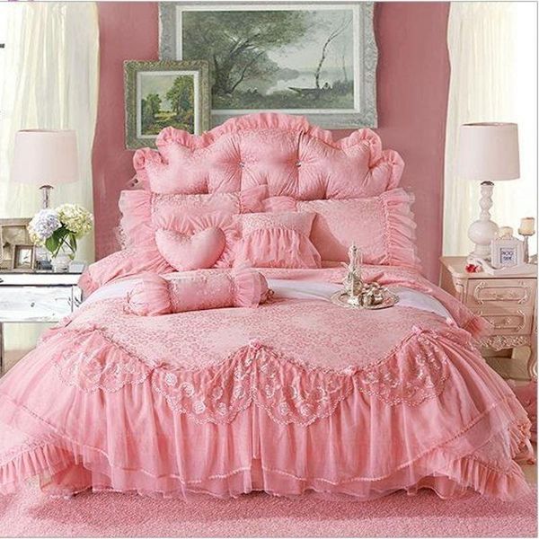

bedding sets luxury jacquard satin pink lace ruffles princess duvet cover bed skirt pillowcases wedding textile decoration home