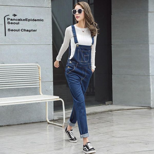 

women's jumpsuits & rompers s-xl jeans women jumpsuit denim romper overalls casual long trousers vaqueros basic pants female (b1272), Black;white