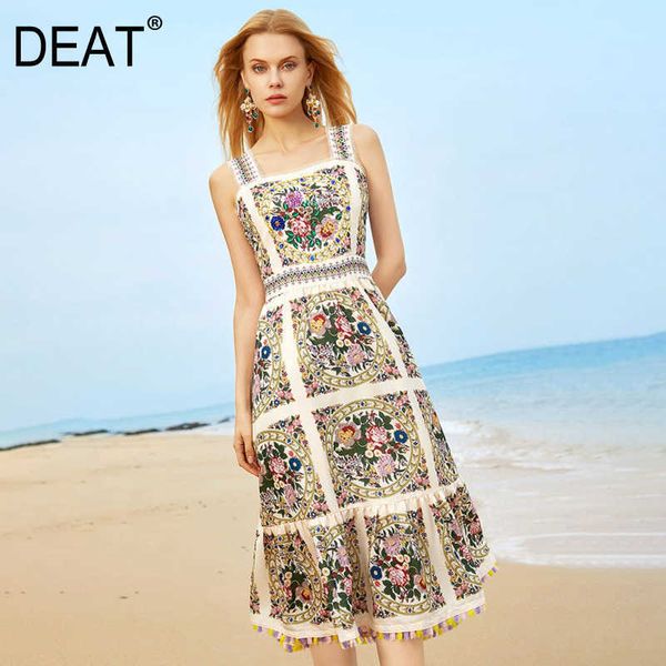 

[deat] summer fashion square collar high waist knee-length diamonding elegant printing dress women 13c550 210527, Black;gray