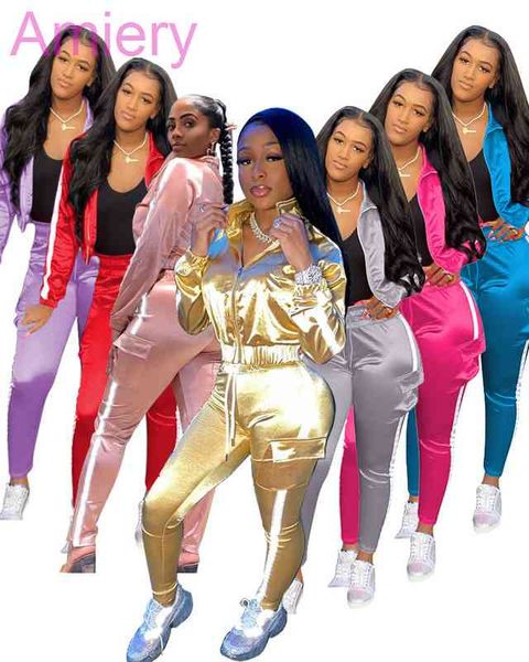 

women autumn trackuits two piece jogging suits with pocket long sleeve luminous strip splicing sportswear leisure clothes, Gray