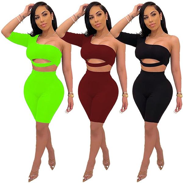 

women's tracksuits womens casual summer solid color one shoulder two-piece set, Gray