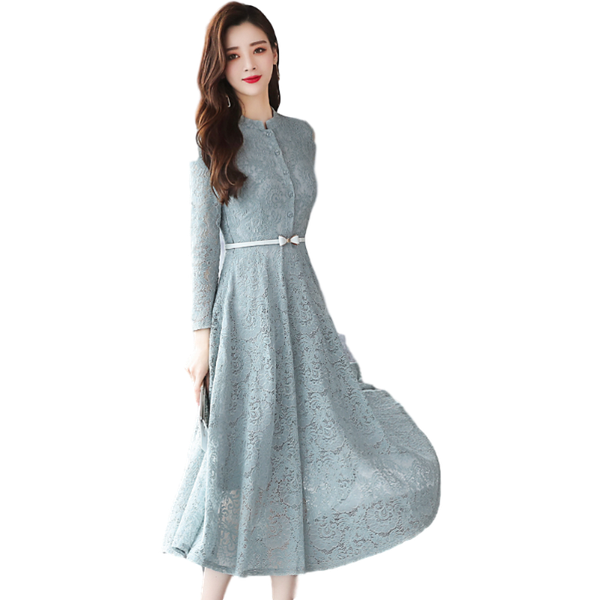 

casual dresses autumn winter women korean 2021 wholesale arrival long sleeve lace slim waist dress spring and summer, Black;gray