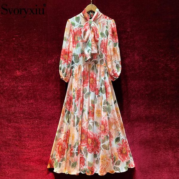 

casual dresses svoryxiu 2021 runway designer summer red camellia print long dress women's elegant lace lining bow collar holiday, Black;gray