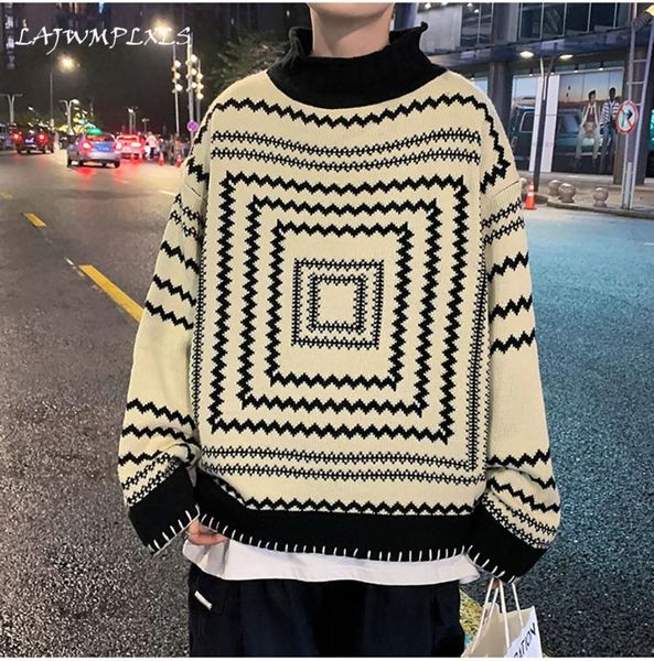 

men's sweaters menswear 2021 autumn winter korean loose pullover sweater geometric pattern round neck kinttwear, White;black