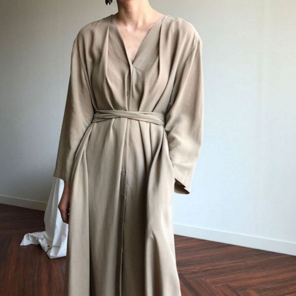 

oversized women vintage spring autumn chiffon long shirt dress v-neck sashes full sleeve maxi dresses brief solid color x0521, Black;gray