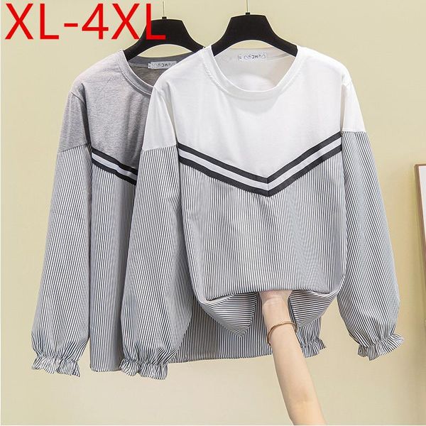 

plus size t-shirt autumn women o neck long sleeve large patchwork stripe loose casual tees xl-4xl fit weight 50-100kg