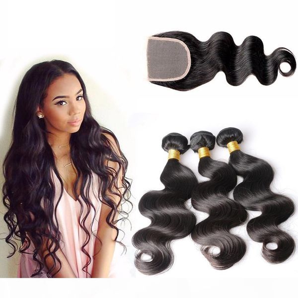 

brazilian body wave hair bundles with baby hair closure unprocessed human hair weaves natural black color can be dyed