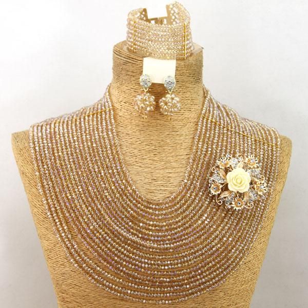 

earrings & necklace 20 layers champagne gold crystal beads party jewelry set nigerian wedding african aij013, Silver