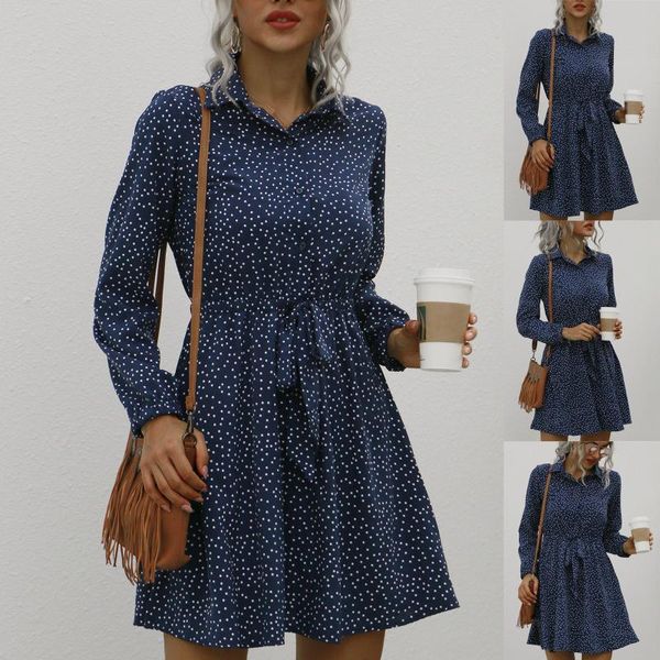 

casual dresses fashion women lapel polka dot printed dress bowknot long sleeve streetwear female bandage vestido de mujer, Black;gray
