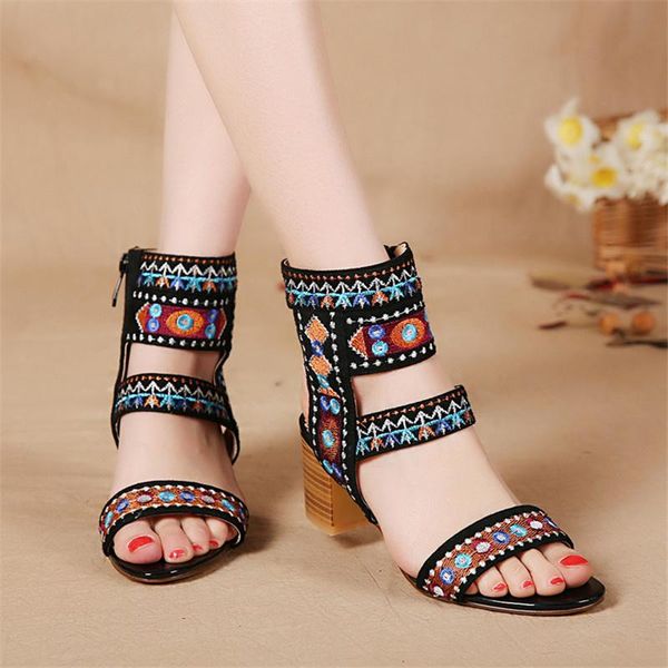 

sandals 2021 summer thick-heeled embroidered middle-heeled roman shoes female bohemian, Black
