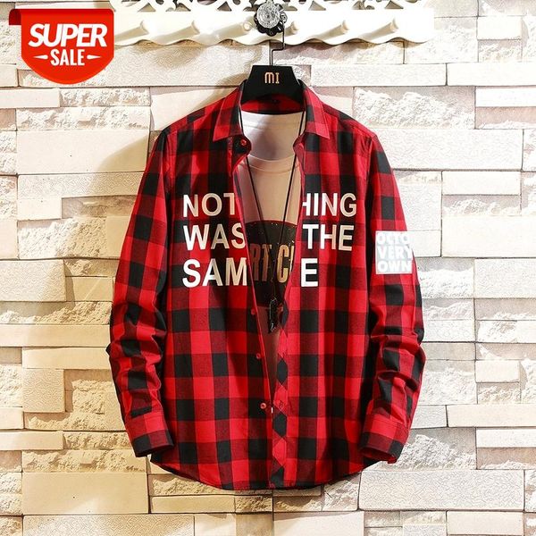 

2021 autumn spring clothes plaid slim fit red shirt men long sleeves blouse oversized casual for man #9a0v, White;black