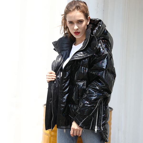 

2021 new dazzle color stylish glossy jacket winter lovers' clothes weatherproof hoodie relaxed fit thicken white duck down coat catz, Black