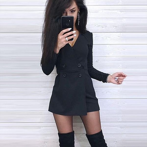 

spring chic playsuits long sleeve womens jumpsuits v neck double breasted solid short playsuit jumpsuit fashion, Black;white
