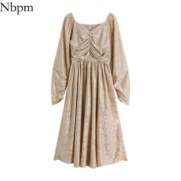 

nbpm women chic fashion with vintage elegant midi dress puff sleeves velvet high waist vestidos mujer party chic spring 210529, Black;gray