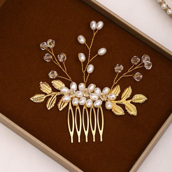 

hair clips & barrettes high grade pearl comb hand-made knitting golden leaves wedding bridesmaid clip bride jewelry ea, Golden;silver