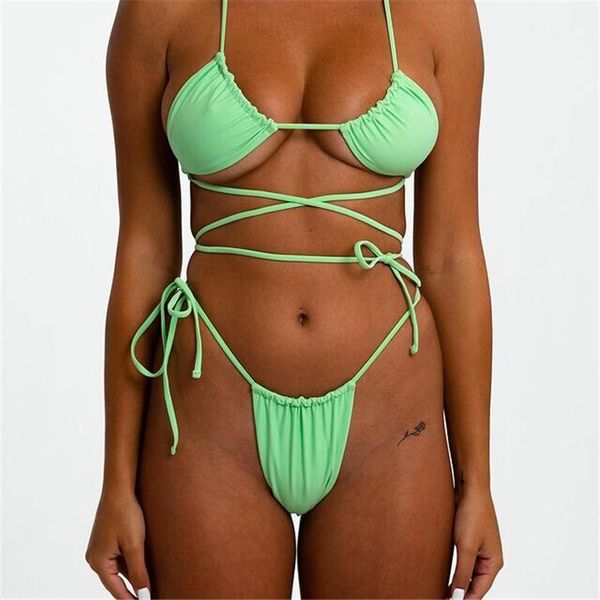 

one-piece suits women bikini split swimsuit set solid color v-neck backless padded + lace up panties for summer female beachwear