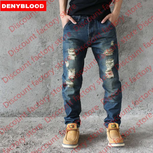 

wholesale- mens distressed jeans ripped loose pants darked wash jeans male hole baggy vintage denim cargo casual pants hc512, Blue