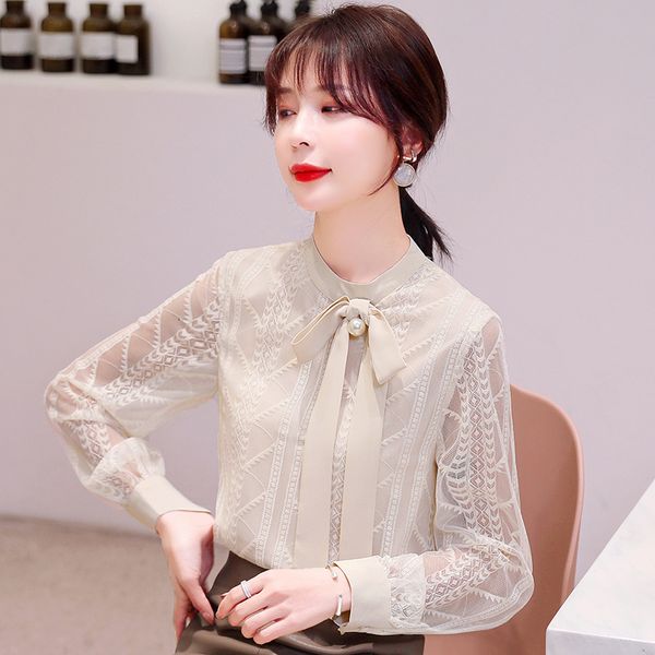 

2021 new spring women beige blouse casual female lace up loose sweet chiffon ladies long sleeve shirts ga1g, Tan;black